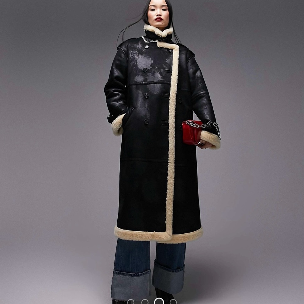 Top Shop Sherpa Leather Long Coat - Picture 3 of 5